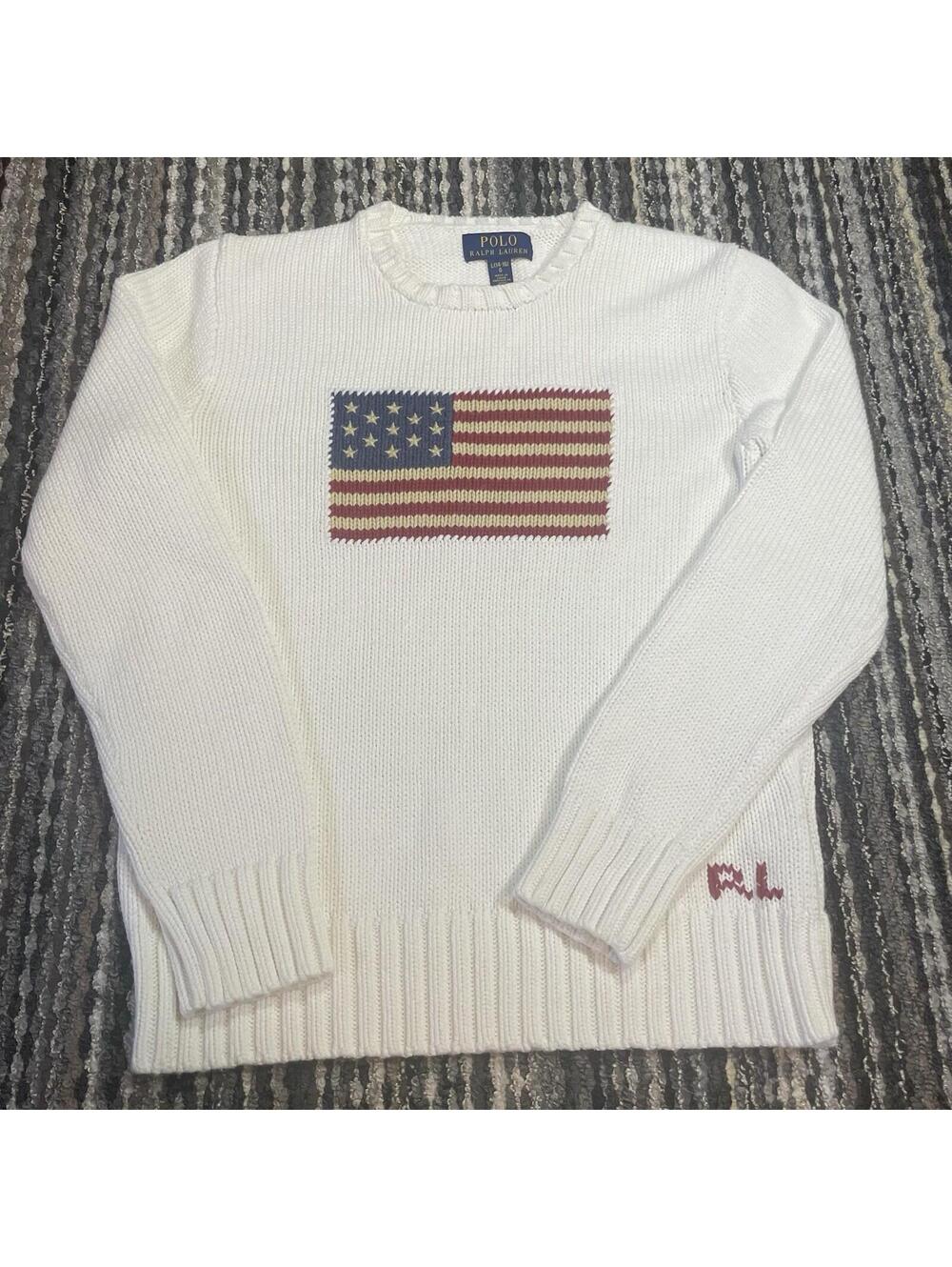 Polo Ralph Lauren American Flag Knit Sweater Ivory Boys L 14-16(Women's XS)